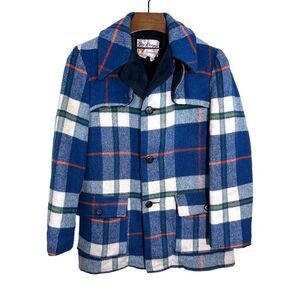 FOX KNAPP Sportswear Vintage 60s Blue White Plaid Wool Bomber Pea Jacket Coat 38